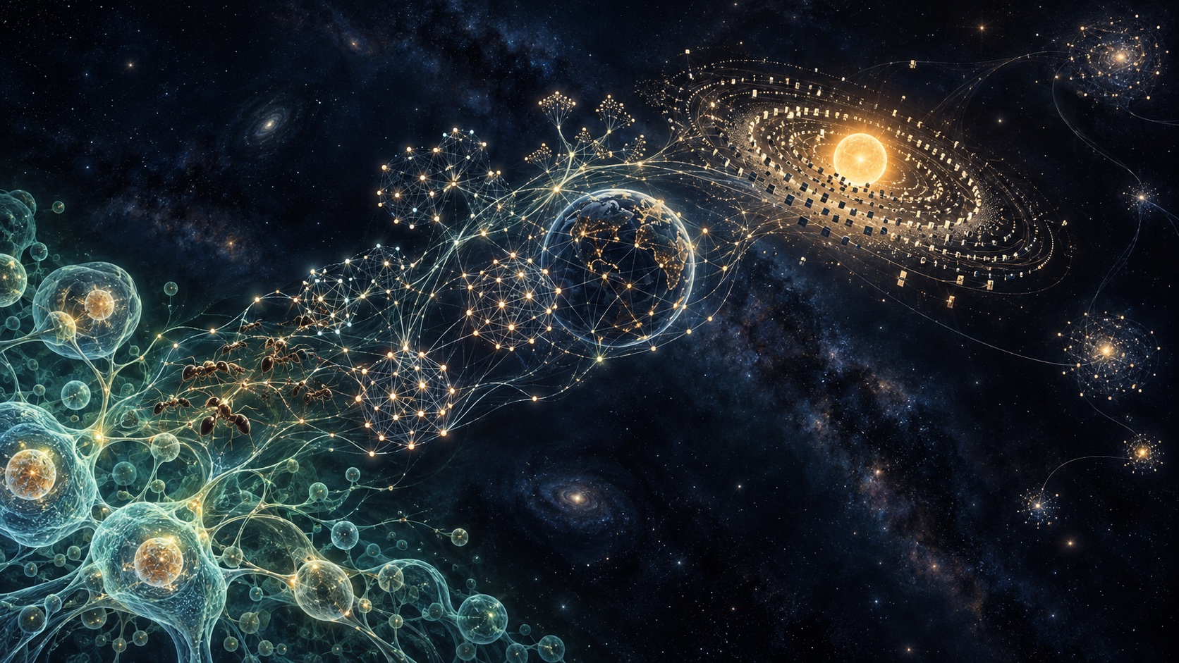 Cells linked by glowing filaments give way to ants, then to networks of nodes wrapping the Earth, then to a swarm of collectors orbiting the Sun, and finally to scattered, separate clusters among distant stars