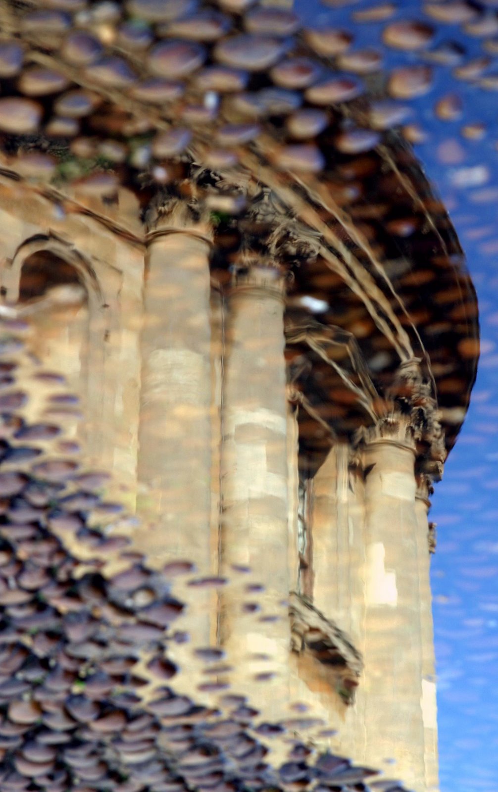 The Radcliffe Camera's columns and curved entablature reflected in a rain puddle, framed by wet cobblestones, with blue sky showing in the water