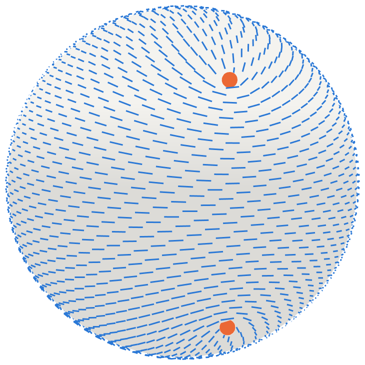 A sphere covered in short blue dashes with two orange points, around each of which the dashes turn by half a turn