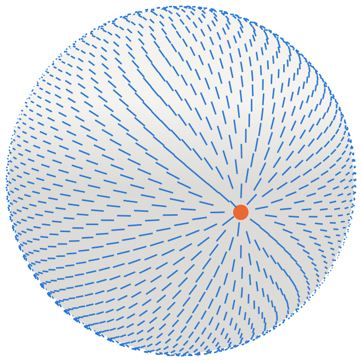 A sphere covered in short blue dashes that radiate from one orange point