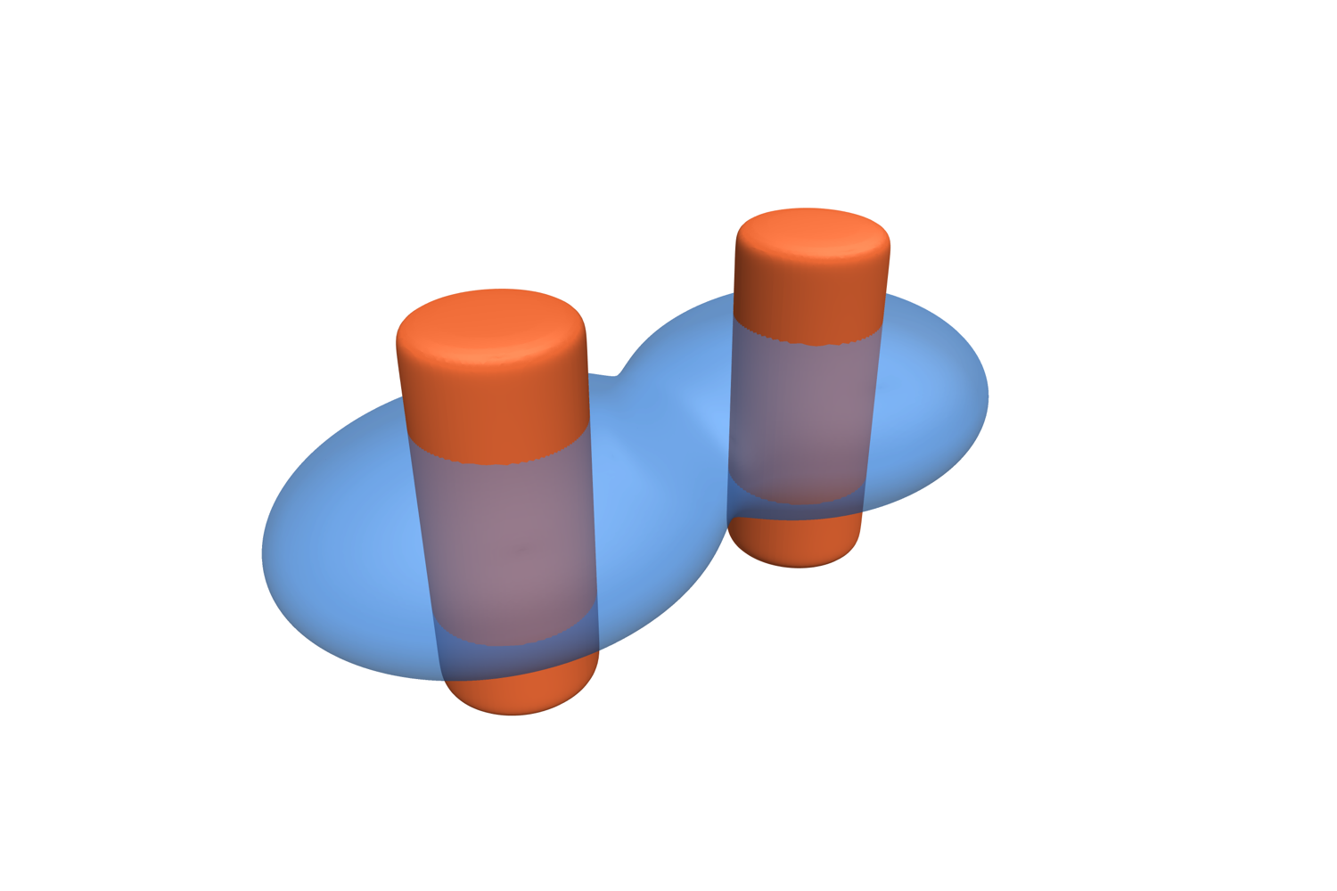 Two blended ellipsoids in translucent blue with two blended cylinders in orange