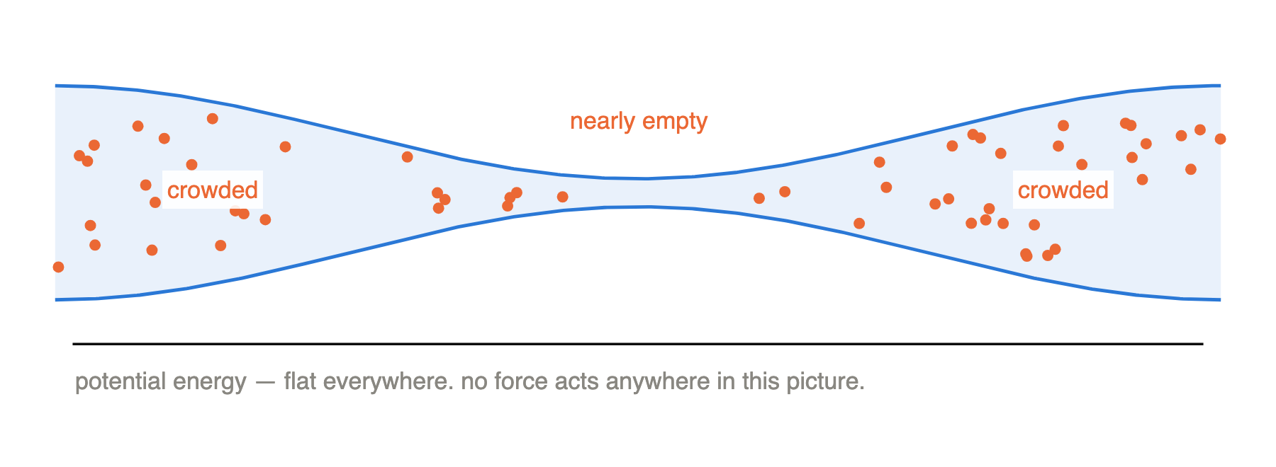 Particles gathered in the two wide ends of a channel and nearly absent from its neck
