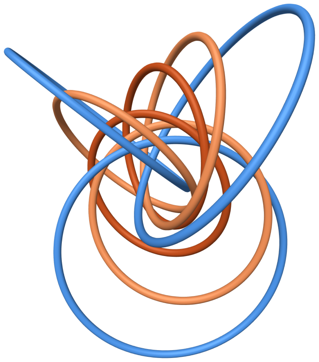 Eight Hopf fibres drawn as coloured tubes in three dimensions, each pair passing through one another exactly once