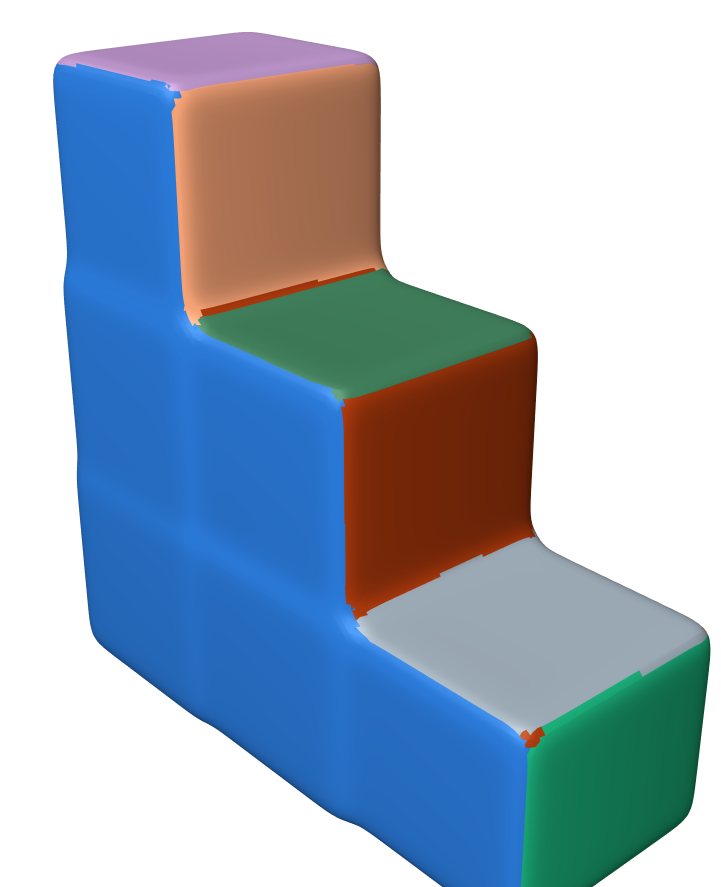 A staircase solid segmented into ten differently coloured sides